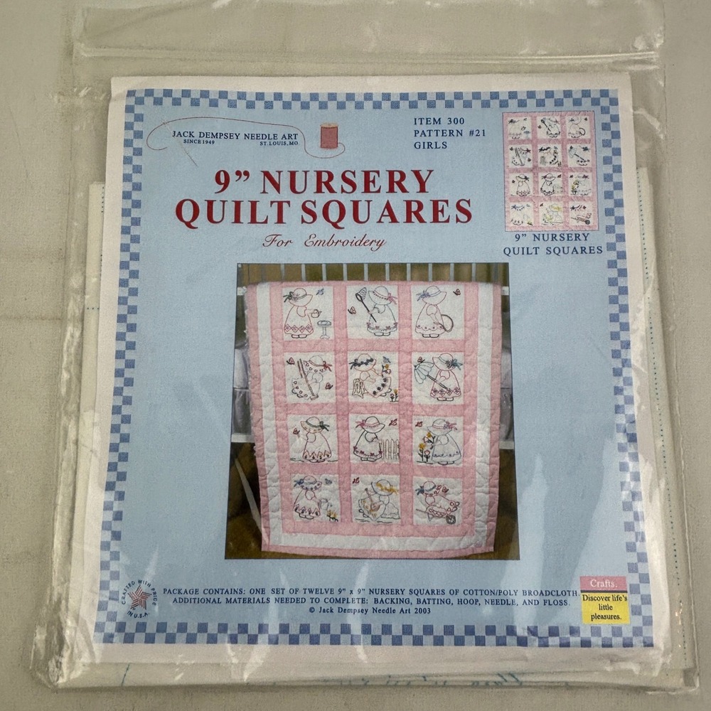 Jack Dempsey Needle Art Girls 9" Nursery Quilt Squares for‎ Embroidery Set of 12